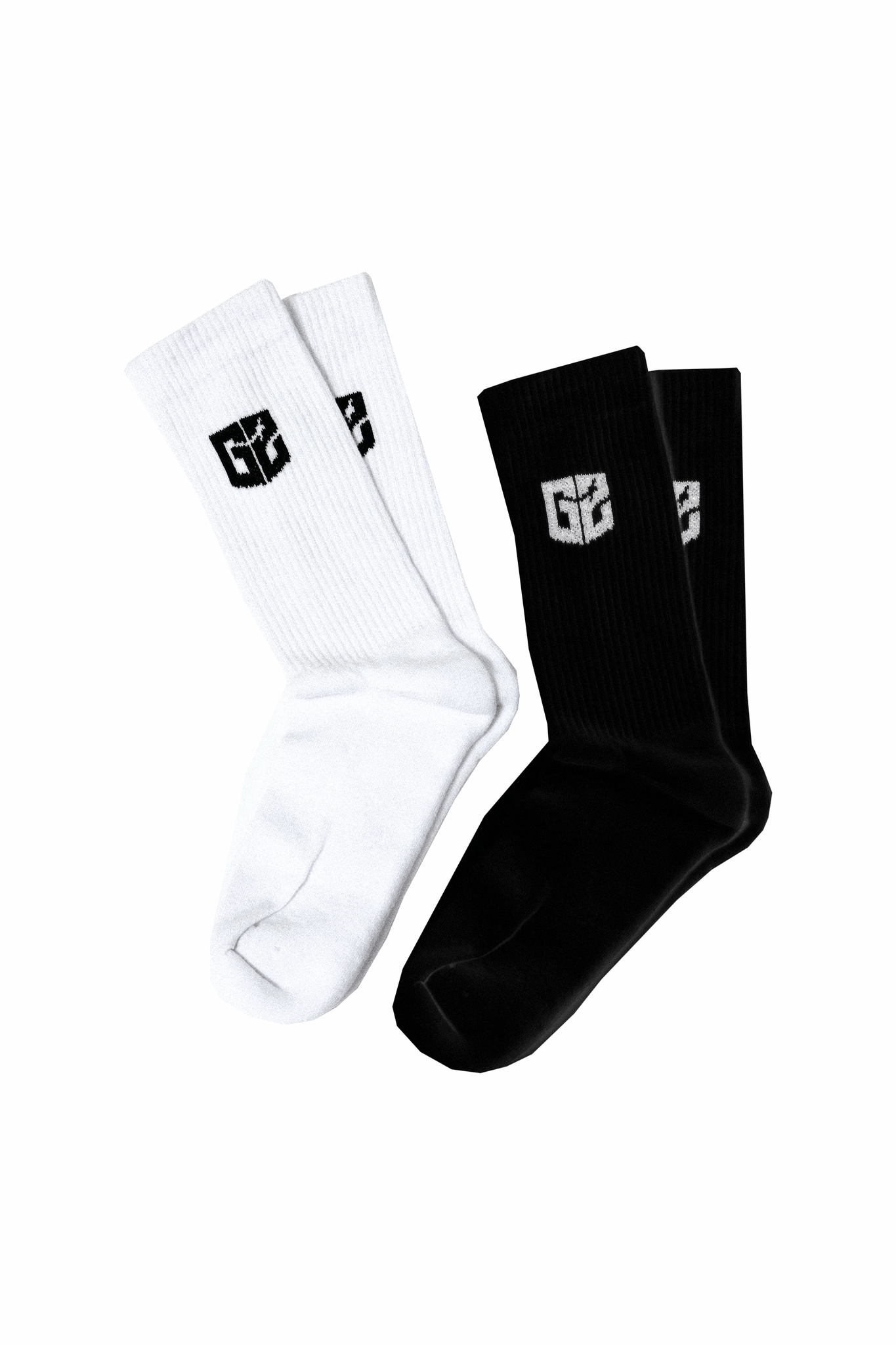 Two-pack of G2 Esports essentials socks in black and white, featuring the G2 logo. Perfect for gamers and fans of the esports team.